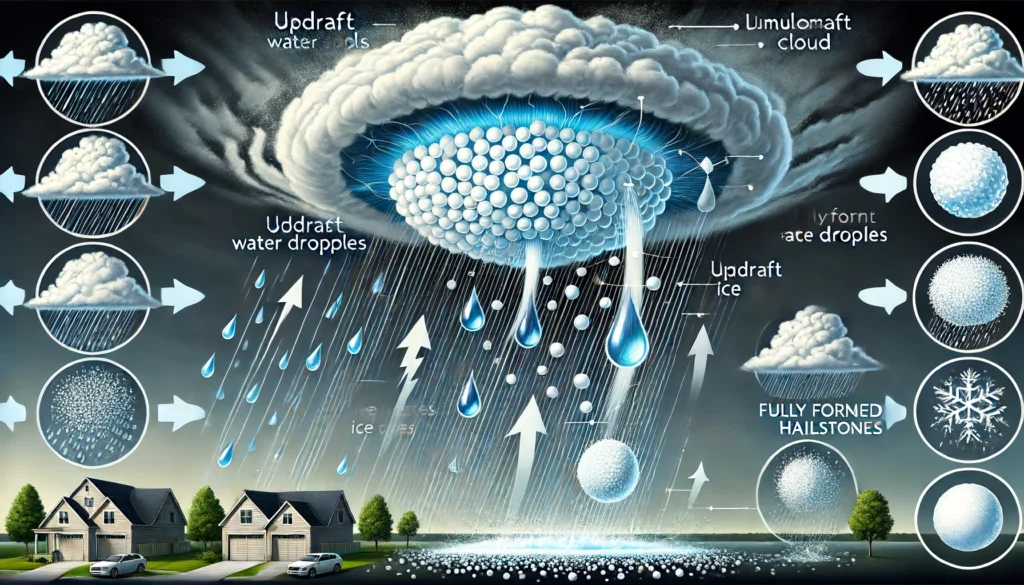 What Size Hail Causes Roof Damage & How to Spot It Right Away 1 Illustration showing how hailstones form in a storm, highlighting the updrafts, freezing process, and impact on the ground, relevant for understanding what size hail will damage a roof