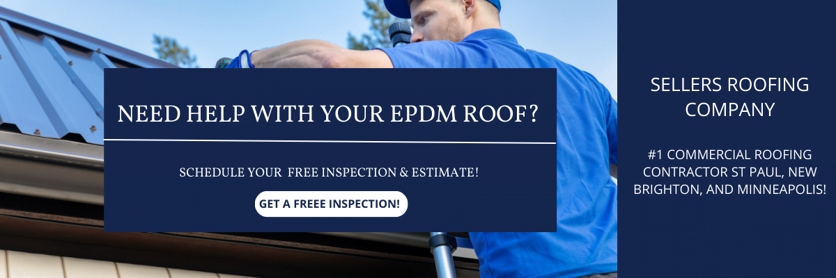 EPDM Roof Installation in Minneapolis - a Picture of a Man Working on a Roof with a Call to Action