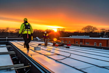 Commercial Roof Repair Shoreview MN - Roofers Walking on a Finished Commercial Roofing Job at Sunset