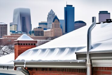 "Image of a snow-covered roof in Minneapolis with visible ice dams and icicles, illustrating common winter roofing challenges in cold climates