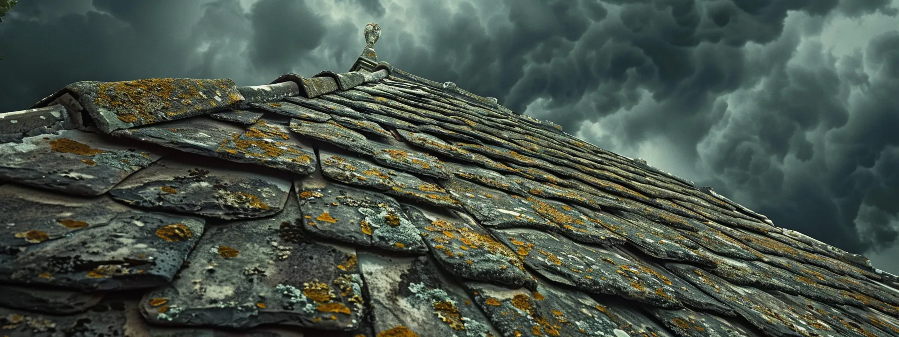 a roof covered in aged, cracked shingles under stormy, dark clouds.
