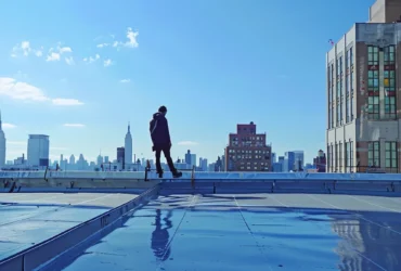 a close-up view of a professional inspecting the surface of an epdm roof on a low-rise building, with clear tools and safety gear visible against a backdrop of urban architecture and bright blue skies.