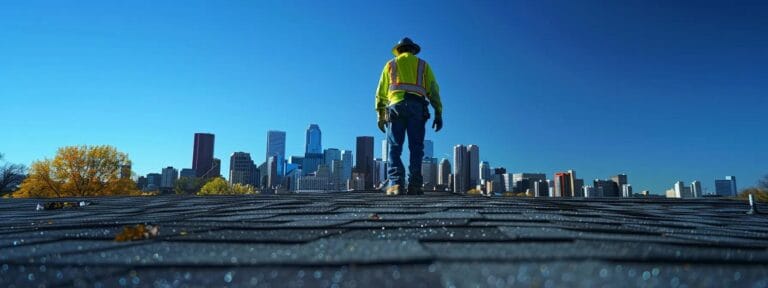 a skilled roofer expertly applies asphalt shingles on a modern residential roof, with the clear blue sky illuminating the vibrant urban skyline of saint paul in the background, emphasizing professionalism and quality craftsmanship.