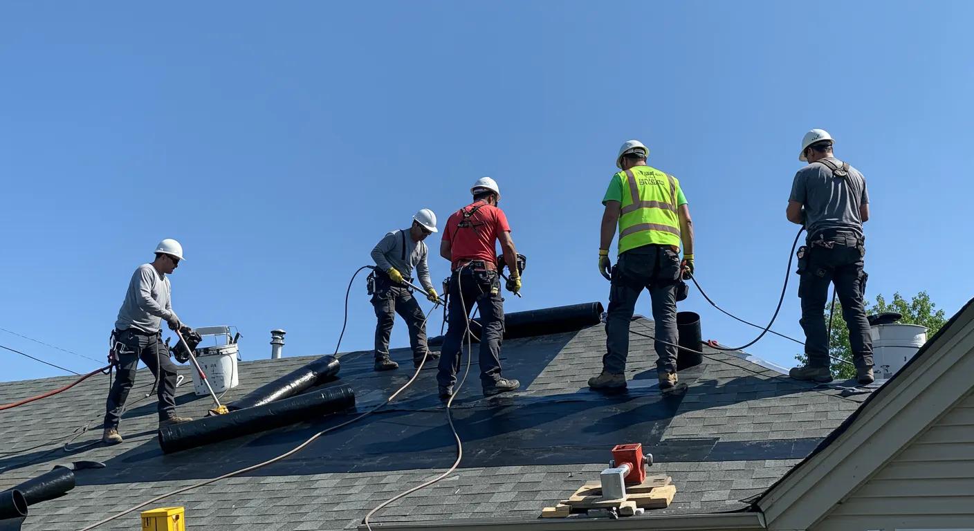 Essential Materials for Ensuring a Watertight Seal on EPDM Roofs 3 a dynamic scene of professional epdm roofing contractors meticulously applying waterproofing materials on a shingle roof, equipped with advanced tools and safety gear, against the backdrop of a clear blue sky in a suburban saint paul neighborhood.