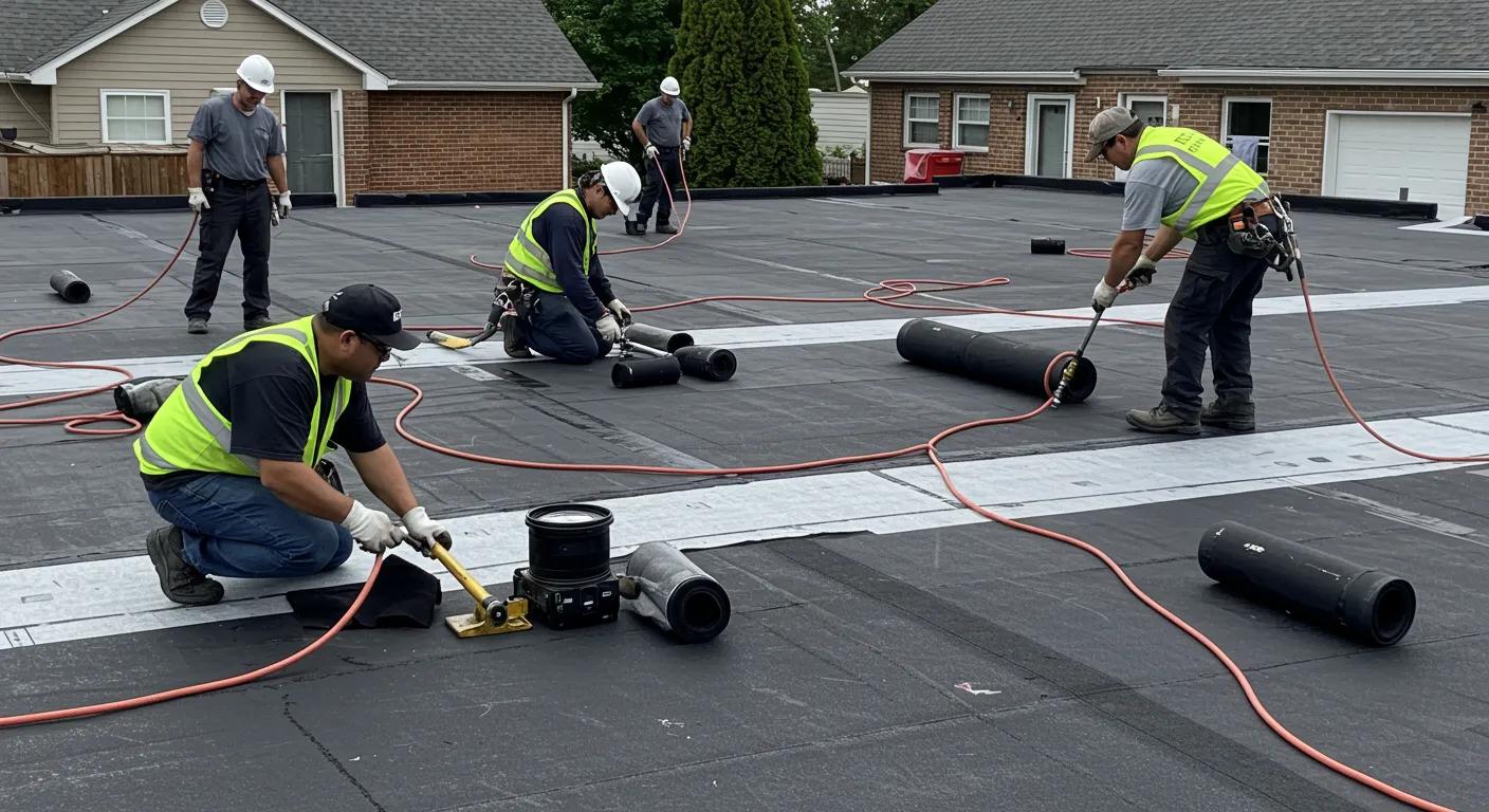 EPDM Roofing: Environment-Related Impacts Discussed 1 a dynamic scene of roofing contractors engaged in the meticulous installation of epdm roofing, showcasing modern tools and safety equipment amid a vibrant suburban setting, highlighting the precision and technicality of sustainable building practices.