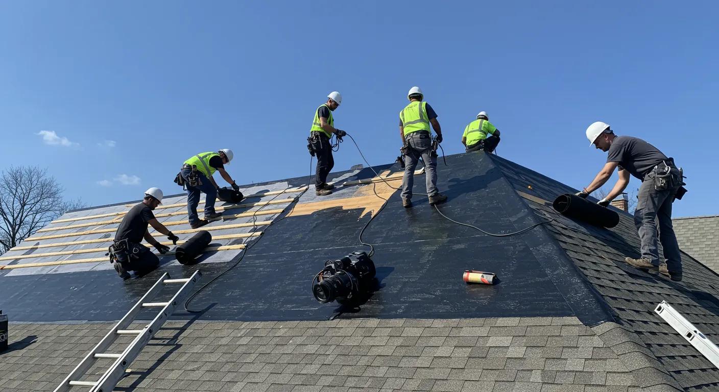 Essential Steps for a Watertight Seal on EPDM Roofs 1 a dynamic panel of roofing contractors meticulously applying epdm membrane on a sloped shingle roof, encircled by ladders and safety equipment, under the brilliant blue skies of a suburban saint paul neighborhood.
