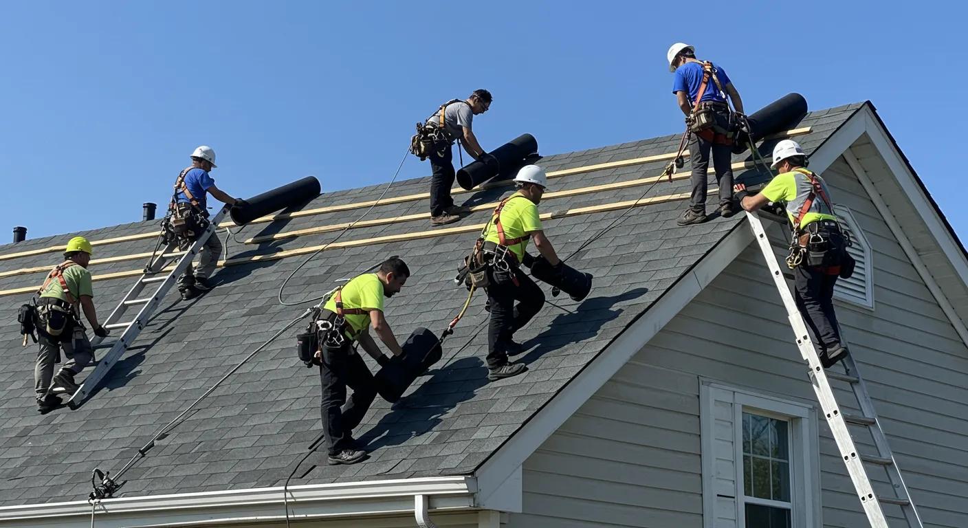 Why EPDM Roofing Matters for Environmental Awareness a team of professional roofing contractors, equipped with safety harnesses and ladders, diligently installs epdm roofing on a suburban home, showcasing a commitment to sustainable practices under a clear blue sky in saint paul, mn.
