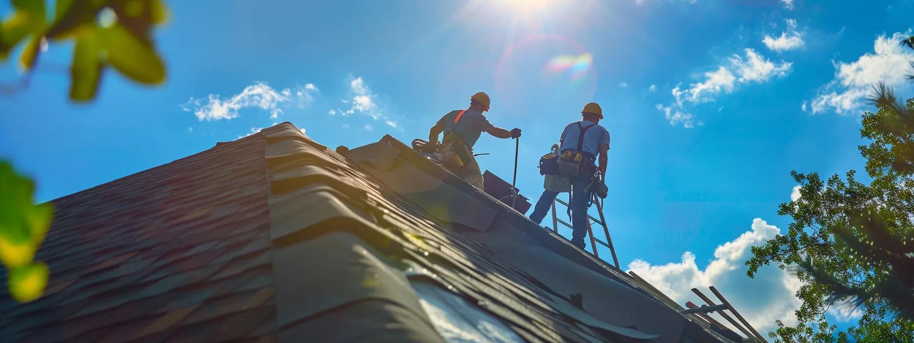 EPDM vs Other Roofing Materials: Which Is Best? a dynamic scene captures roofing contractors meticulously assessing the durability of epdm material while working on a shingle roof in a suburban neighborhood, with ladders and safety harnesses in view, under the bright blue skies of saint paul, mn.