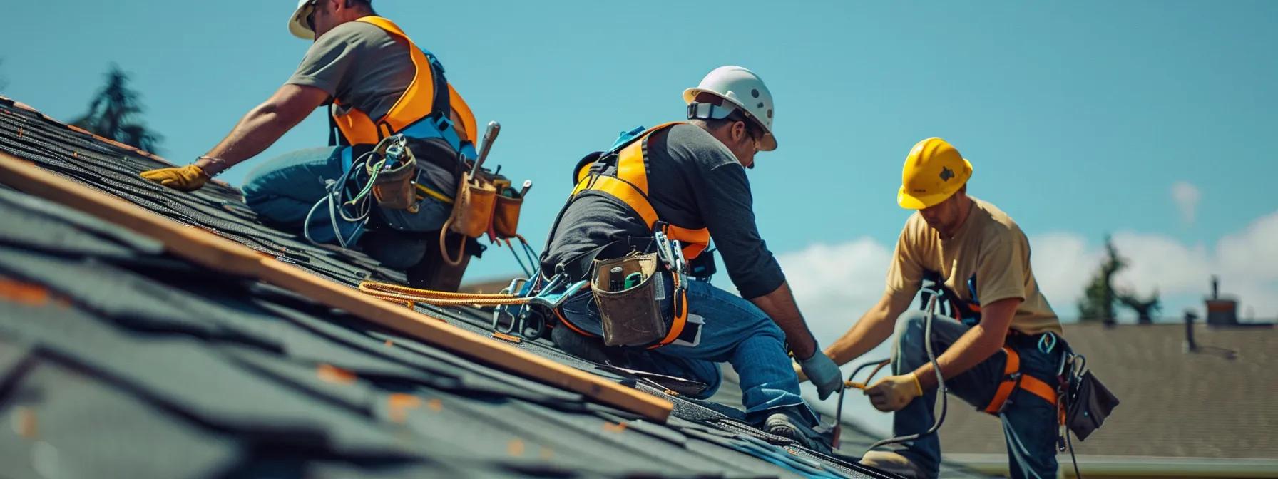 Tips for Installing Layers on EPDM Roofs a dynamic scene capturing roofing contractors in safety harnesses meticulously examining and repairing a layered epdm roof on a suburban home, showcasing tools and equipment in an urban neighborhood under a clear, blue sky.