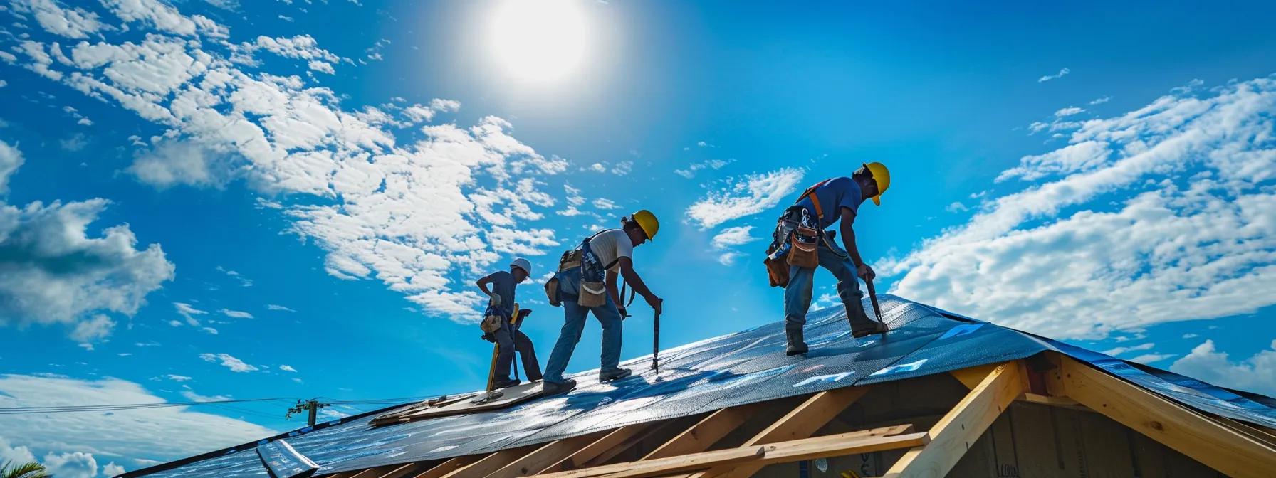 Analyzing EPDM vs Different Roofing Materials for Your Needs 2 a dynamic scene of roofing contractors expertly installing epdm roofing on a modern suburban home, showcasing a vibrant blue sky as they navigate ladders and harnesses in a well-coordinated, safety-conscious effort.