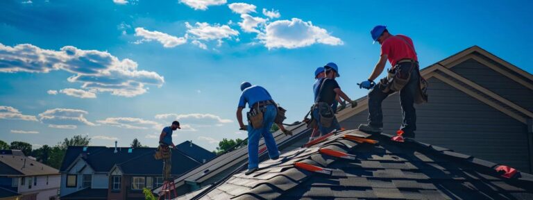 a dynamic scene of roofing contractors skillfully installing durable epdm roofing on a shingle rooftop, showcasing their expertise with ladders and safety harnesses amidst the suburban architecture of saint paul, mn, under a vivid blue sky.