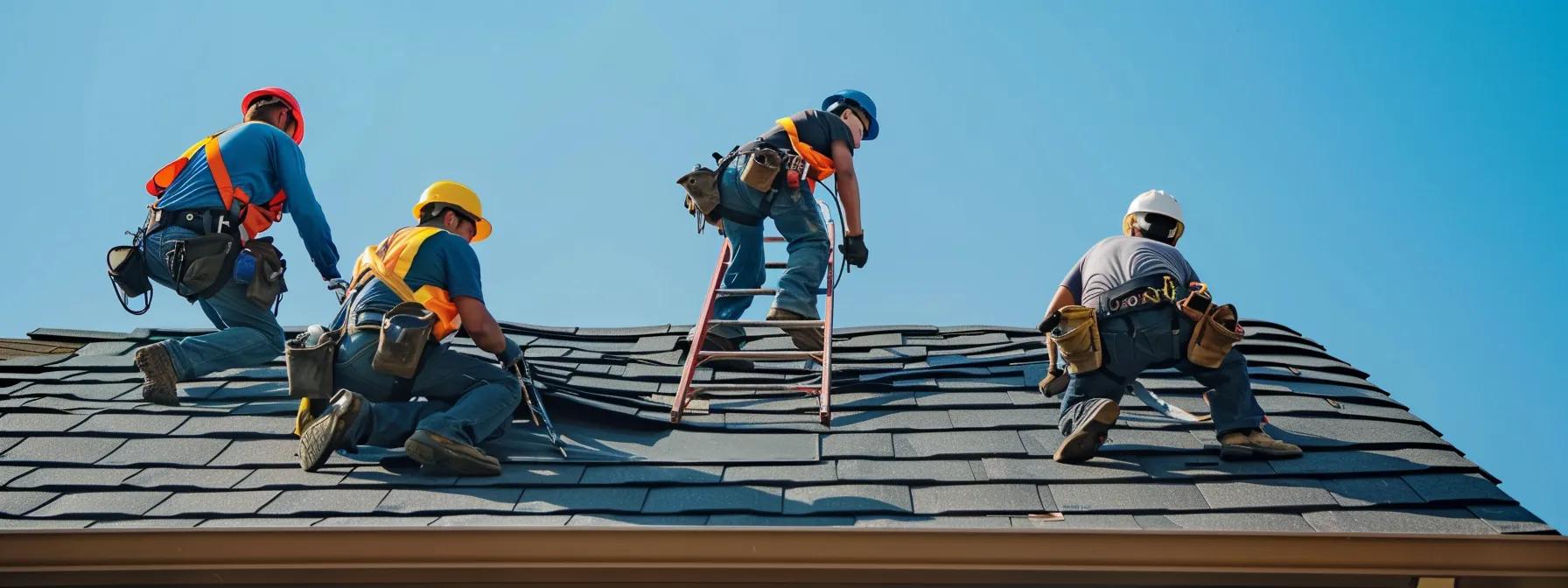 Key EPDM Roof Repair Tips for Maximum Longevity a dynamic scene of roofing contractors in safety harnesses and helmets diligently repairing an epdm roof on a suburban home, with ladders prominently positioned against the house and clear blue skies overhead, symbolizing safety and professional diligence in home maintenance.