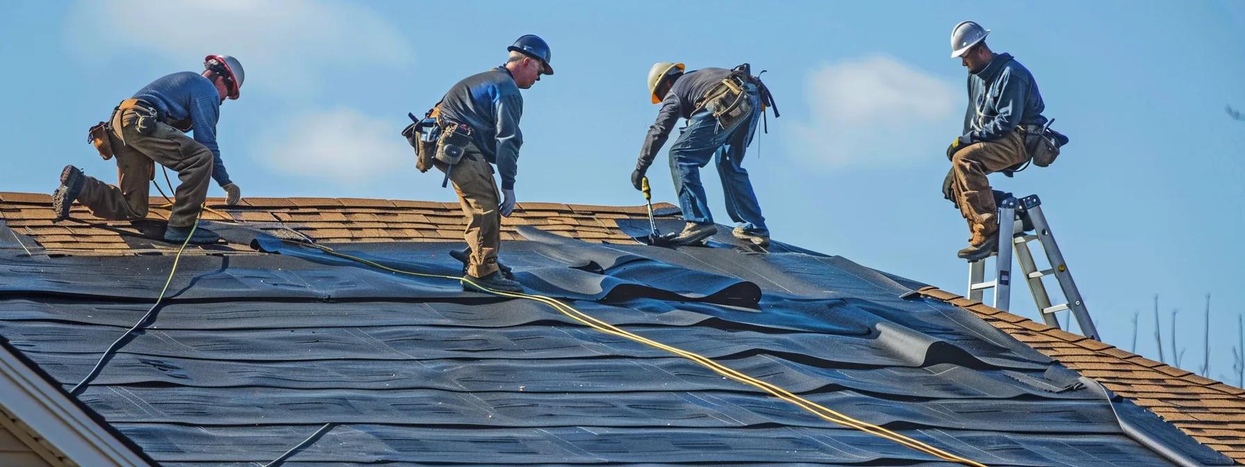 Essential Materials for Ensuring a Watertight Seal on EPDM Roofs 2 a dynamic scene of skilled roofing contractors diligently inspecting and repairing epdm roof seals on a shingle roof in a suburban saint paul neighborhood, utilizing ladders and safety gear against a backdrop of clear blue skies.