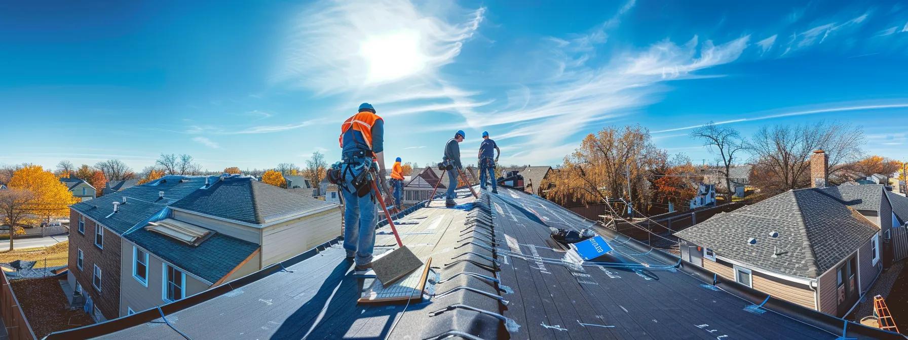 Your Step-by-Step Guide to Installing EPDM Roofing Effectively 2 a dynamic urban rooftop installation scene depicts skilled contractors meticulously applying epdm roofing materials, with ladders and safety harnesses visible against a backdrop of a suburban saint paul neighborhood under a brilliant blue sky.