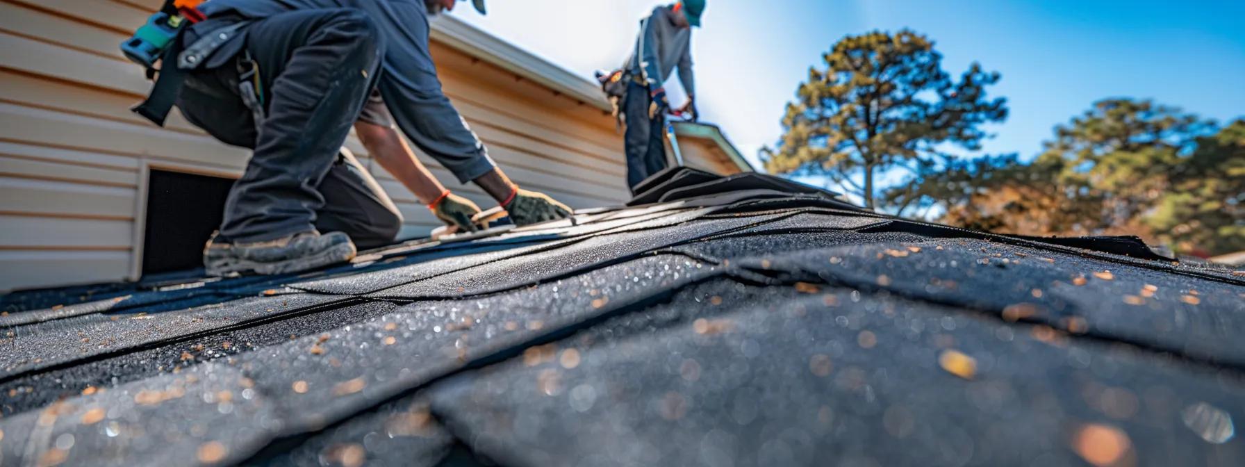 a focused and dynamic image of roofing contractors diligently utilizing essential tools like a notched trowel and squeegee on a residential shingle roof in a suburban neighborhood, showcasing a professional diy epdm installation under clear blue skies.