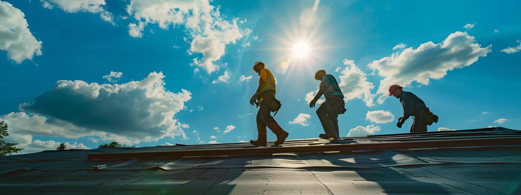 a focused scene showcasing roofing contractors skillfully installing epdm material on a shingle roof in a suburban saint paul neighborhood, emphasizing their use of safety gear and equipment under a brilliant blue sky.