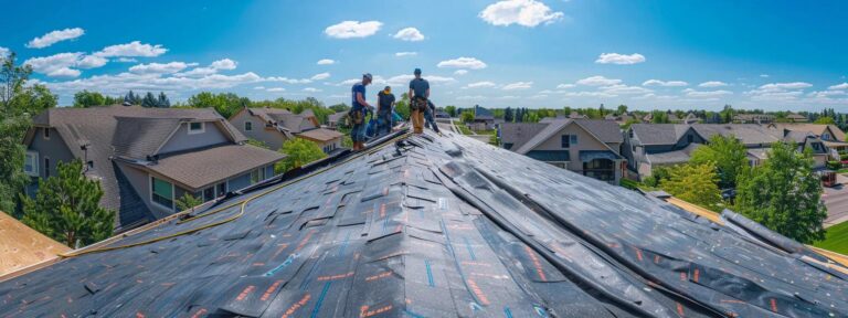 a group of professional roofing contractors in safety gear meticulously install epdm roofing on a shingle roof in a suburban neighborhood, set against a backdrop of clear blue skies and residential homes in saint paul, mn.