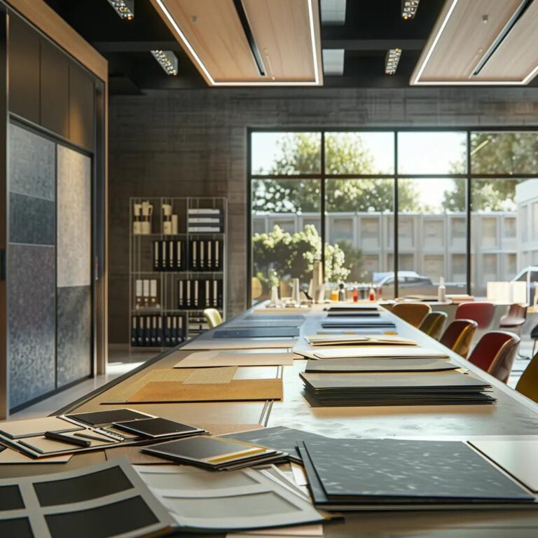 a modern office workspace features a sleek table cluttered with samples of epdm roofing material alongside various other roofing options, illuminated by bright overhead lights that emphasize the textures and color differences, highlighting a focused discussion on material analysis.