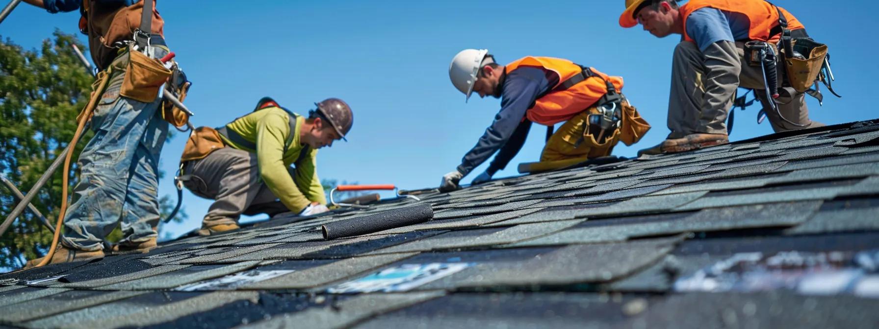 Tips for Installing Layers on EPDM Roofs a team of professional roofing contractors methodically applies epdm membrane layers on a shingle roof, showcasing their specialized tools like paint rollers and seam rollers, while ensuring safety with harnesses and ladder stabilizers against the backdrop of a clear blue suburban sky in saint paul, mn.