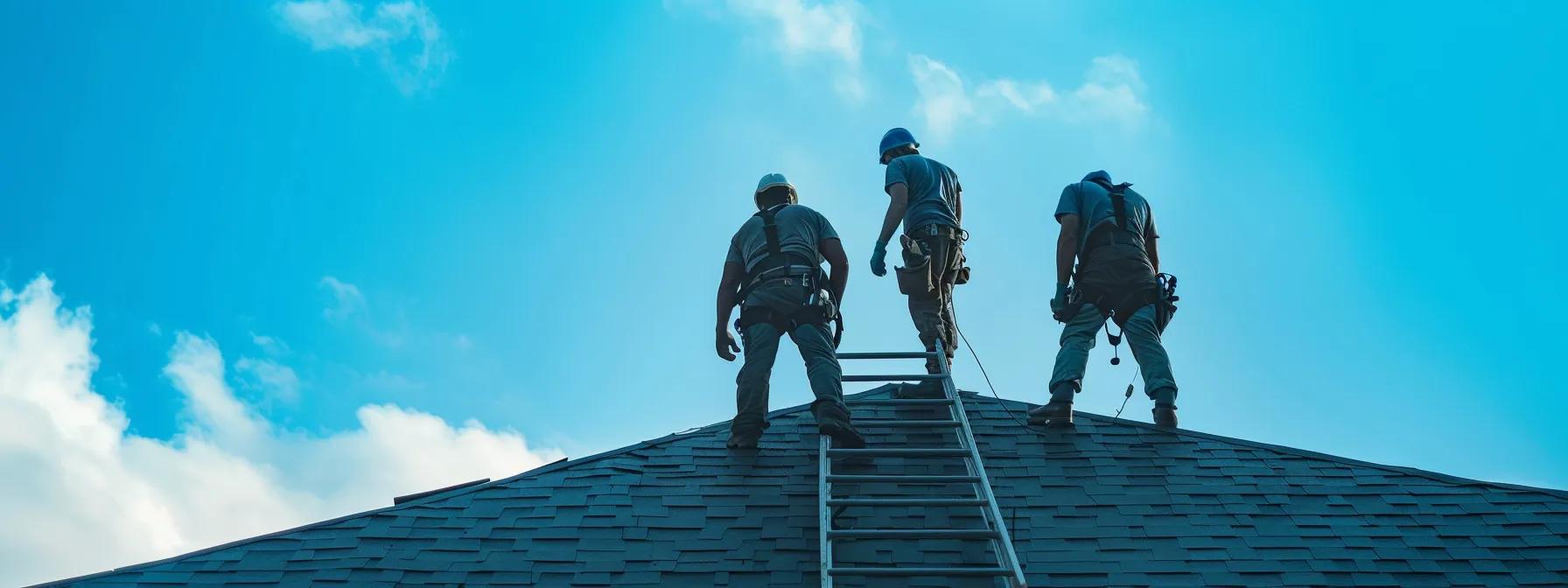 Essential Steps for a Watertight Seal on EPDM Roofs 4 a team of professional roofing contractors inspects and repairs an epdm roof on a suburban home in saint paul, mn, equipped with ladders and safety harnesses against a vibrant blue sky, highlighting the importance of swift leak identification and repair.