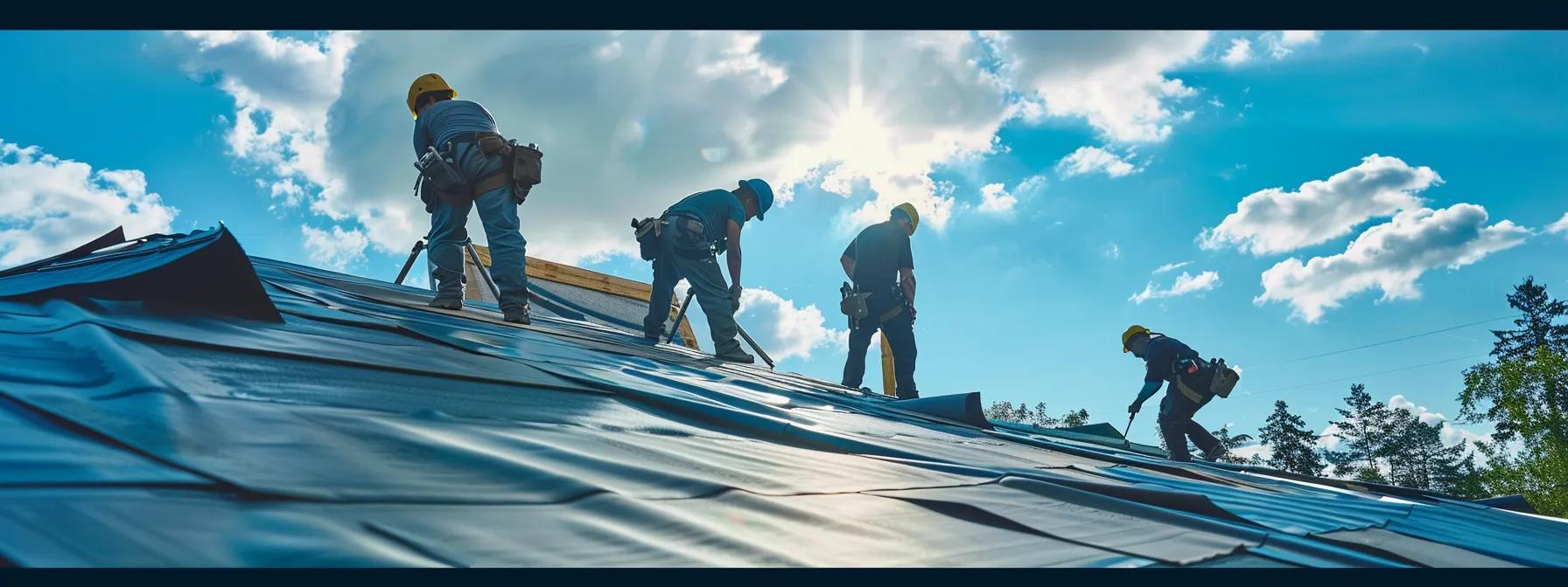 EPDM Roofing and Its Ecological Implications Dissected 2 a team of roofing contractors meticulously installing epdm roofing on a modern suburban home, showcasing advanced materials and energy-efficient techniques under a vibrant blue sky, emphasizing sustainability in building design.