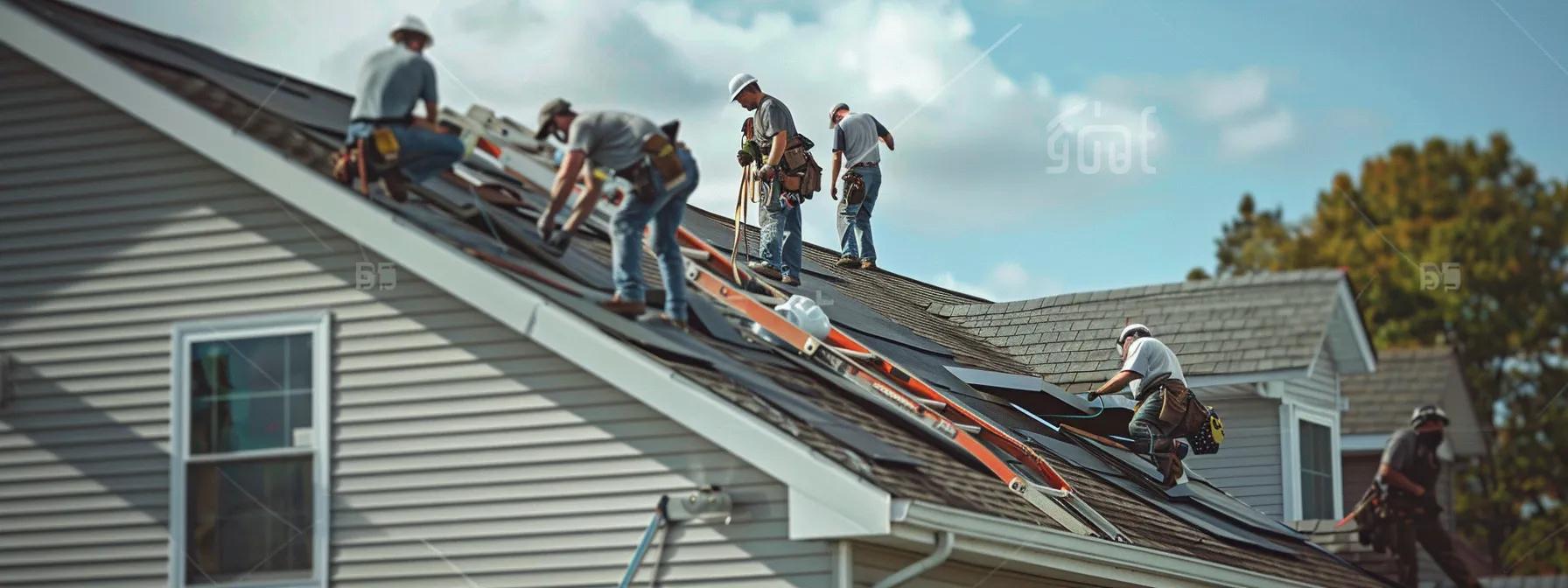 Choosing Between EPDM and Other Roofing Materials a team of roofing contractors meticulously installs epdm roofing on a suburban home, surrounded by ladders and safety harnesses, showcasing the serious craftsmanship involved in assessing its performance compared to alternative materials.