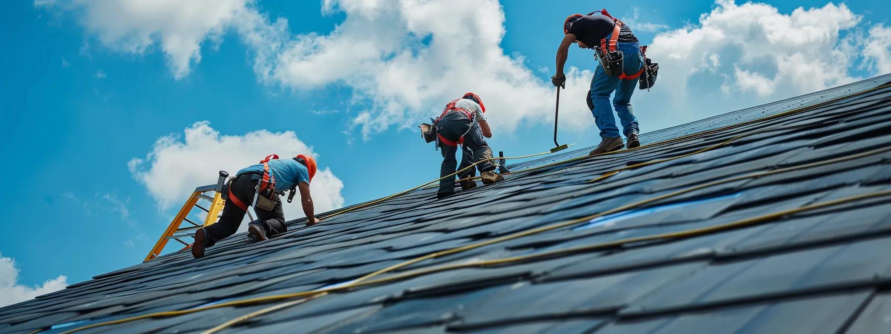 a team of roofing contractors clad in safety harnesses meticulously installs epdm roofing materials on a sloped suburban home, surrounded by ladders and tools, under a vivid blue sky in saint paul, mn, highlighting the complexities of diy roof layering.