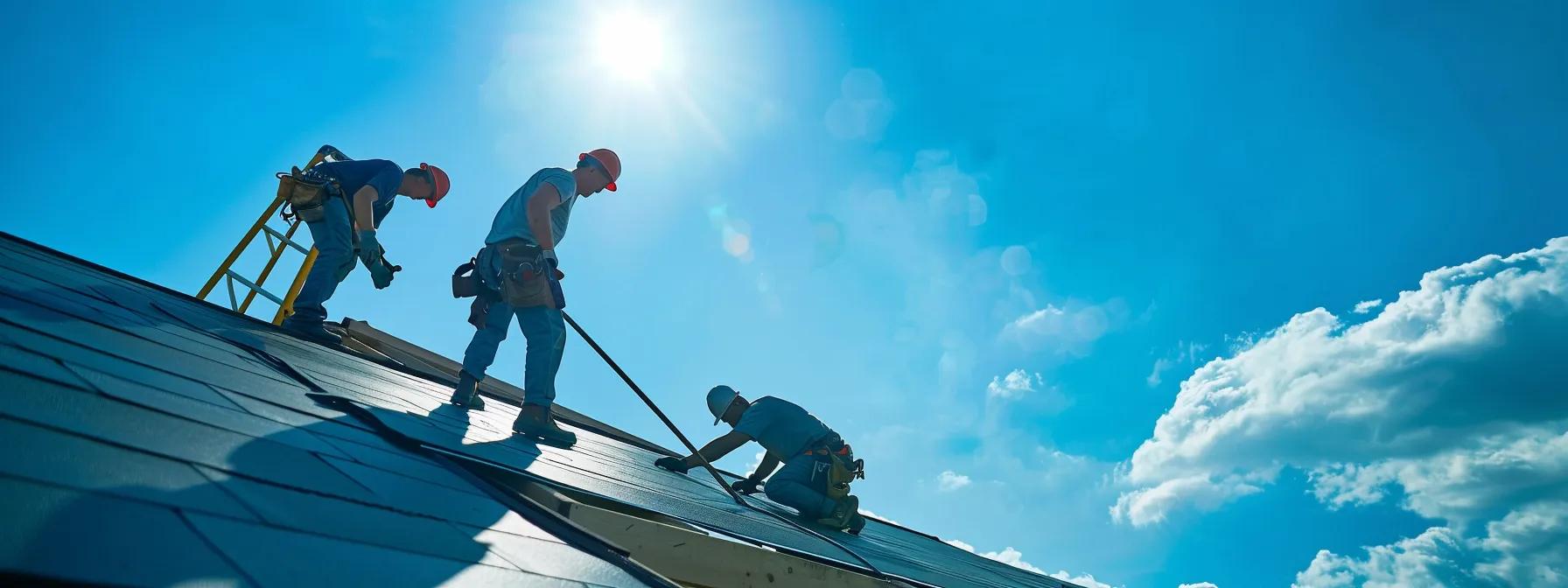 Why EPDM Roofing Matters for Environmental Awareness a vibrant scene captures roofing contractors meticulously installing epdm roofing on a suburban home, showcasing the blend of sustainable construction practices and energy efficiency, with ladders and safety equipment visible against a bright blue sky in saint paul, mn.