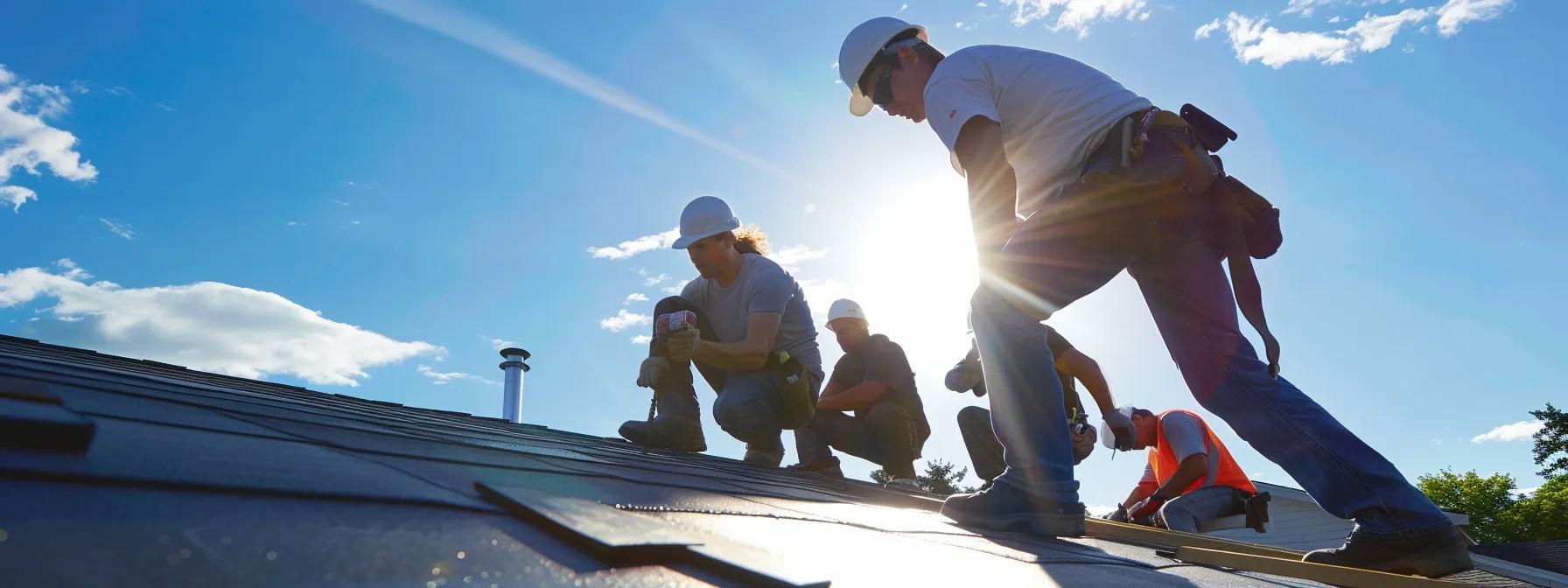 a vibrant scene of roofing contractors meticulously installing a layered epdm roof on a suburban home, showcasing the materials and tools of the trade against a clear blue sky, emphasizing the blend of durability and modern energy efficiency in roofing solutions.