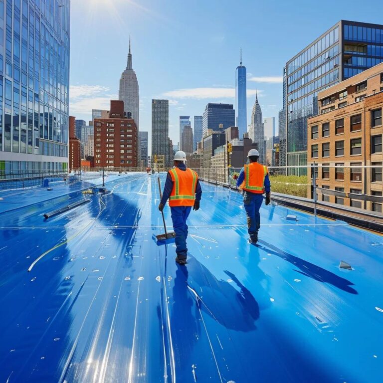 a clean, modern rooftop installation site features a vibrant blue epdm roofing membrane being expertly applied against a backdrop of a clear, urban skyline, showcasing the precision and technique required for effective roofing.