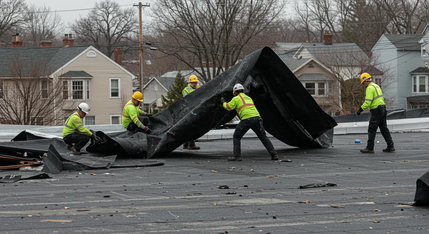 EPDM Roofing: Environment-Related Impacts Discussed 2 a dynamic scene depicting a team of roofing contractors meticulously disassembling an epdm roof with advanced recycling technology in a bustling suburban neighborhood of saint paul, mn, under a clear blue sky.