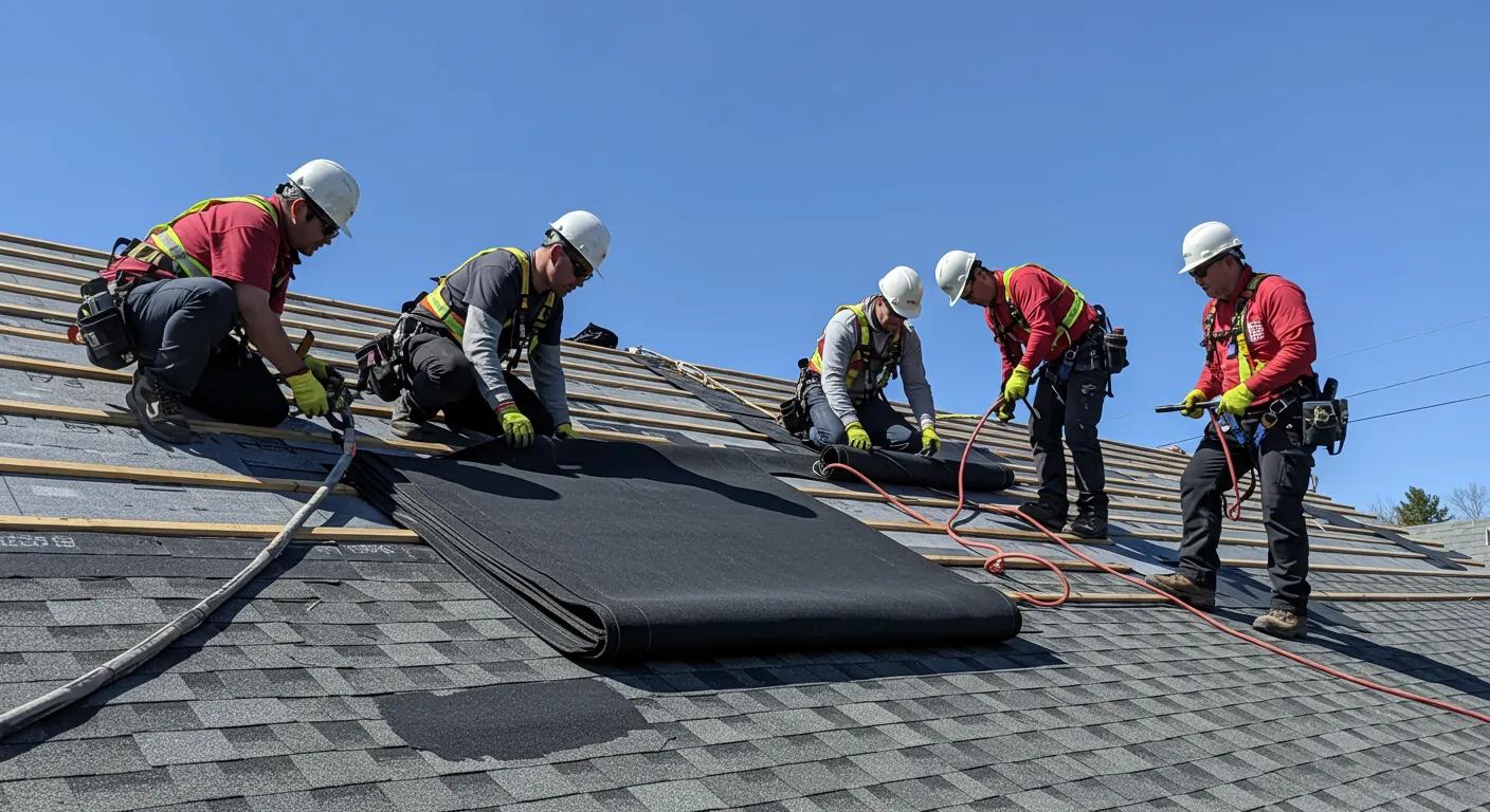 EPDM vs Other Roofing Materials: Which Is Best? a dynamic scene capturing roofing contractors expertly installing epdm materials on a shingle roof in a suburban saint paul neighborhood, highlighted by a clear blue sky and organized safety equipment.
