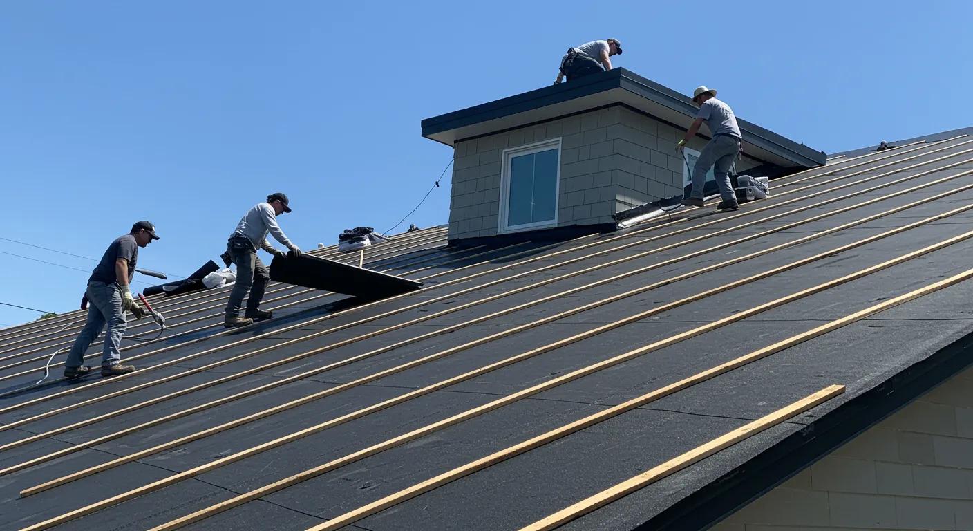 EPDM vs Other Roofing Materials: Which Is Best? a dynamic scene of roofing contractors skillfully installing epdm roofing on a modern suburban home in saint paul, mn, showcasing their use of advanced materials with visible energy-efficient properties under a clear blue sky.