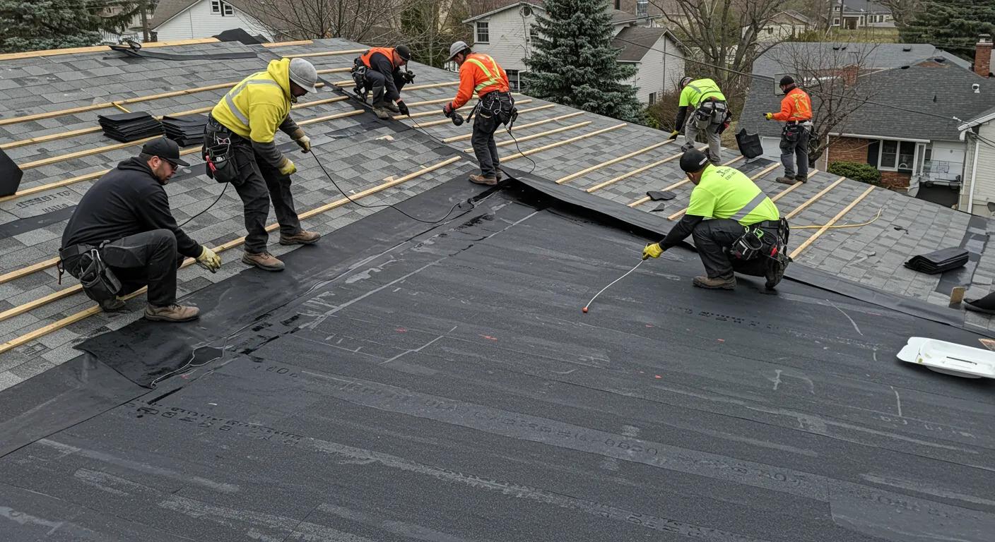 Essential Steps for a Watertight Seal on EPDM Roofs 3 a group of focused roofing contractors clad in safety gear meticulously installs epdm roofing materials on a sloped shingle roof in a suburban saint paul neighborhood, showcasing the stark contrast between traditional shingles and the modern waterproofing technology.