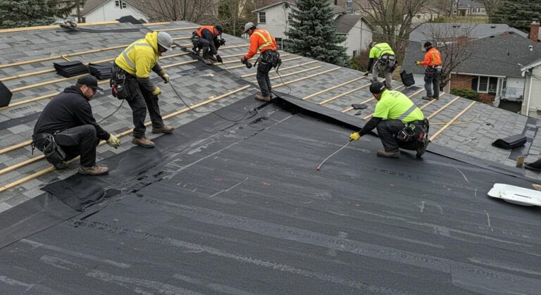 EPDM Roofing Pros and Cons for Flat Roofs: Is It Right for Your Building? 2 a group of focused roofing contractors clad in safety gear meticulously installs epdm roofing materials on a sloped shingle roof in a suburban saint paul neighborhood, showcasing the stark contrast between traditional shingles and the modern waterproofing technology.