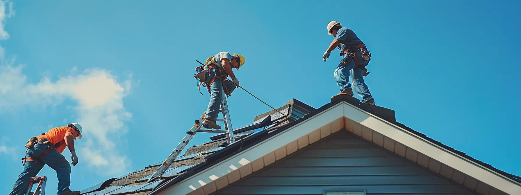 Key EPDM Roof Repair Tips for Maximum Longevity a dynamic scene captures experienced roofing contractors meticulously repairing an epdm roof on a suburban home in saint paul, mn, utilizing ladders and safety harnesses against a backdrop of clear blue skies.