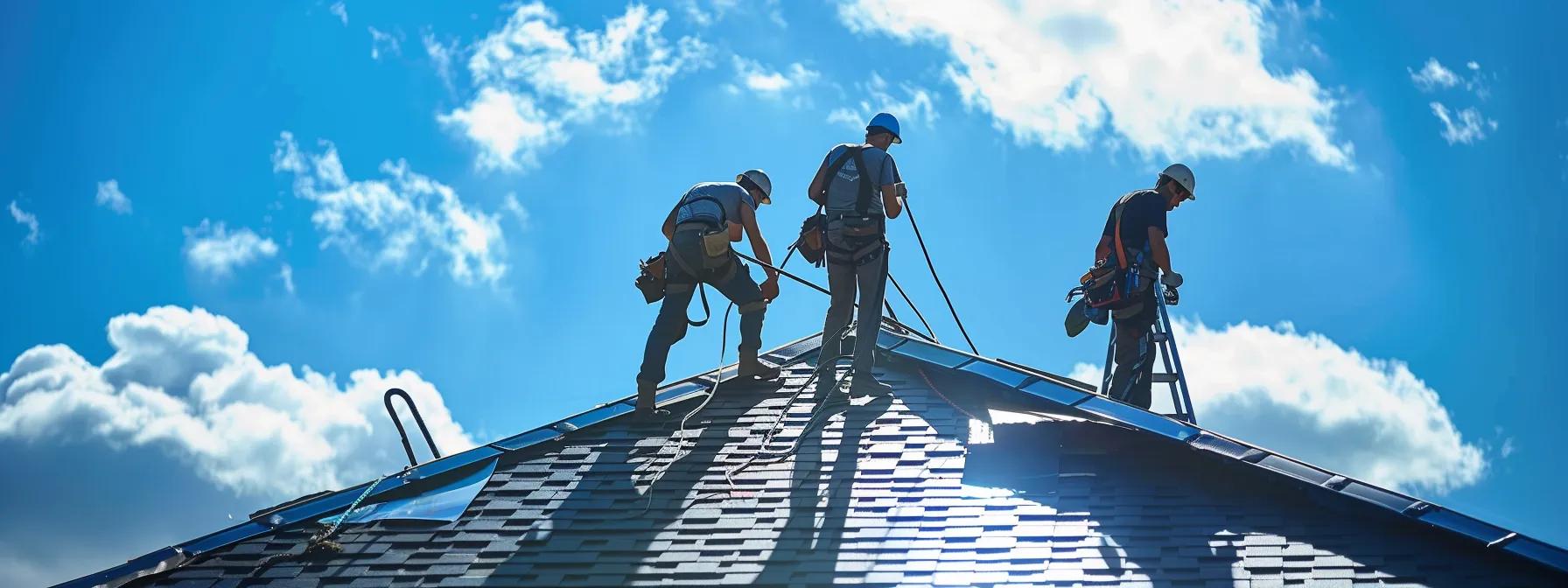 Key EPDM Roof Repair Tips for Maximum Longevity a dynamic scene captures skilled roofing contractors methodically repairing an epdm roof on a suburban home, surrounded by ladders and safety harnesses, with a vivid blue sky accentuating their focused efforts on restoring the roof’s integrity.