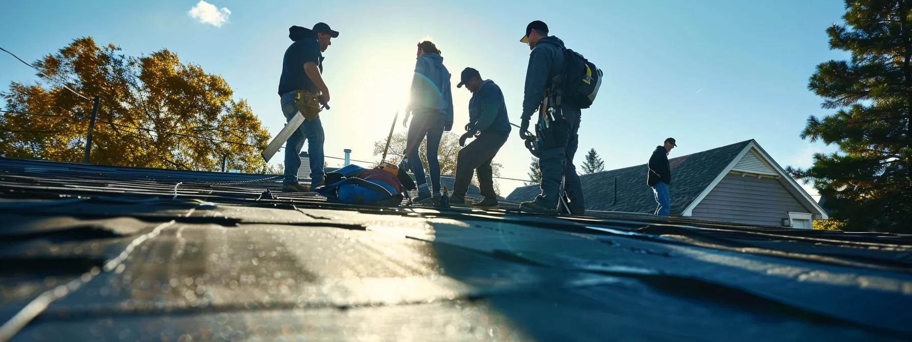 a dynamic scene capturing roofing contractors skillfully layering an epdm membrane on a residential roof, surrounded by tools and safety equipment, under the clear blue skies of a suburban neighborhood in saint paul, mn.