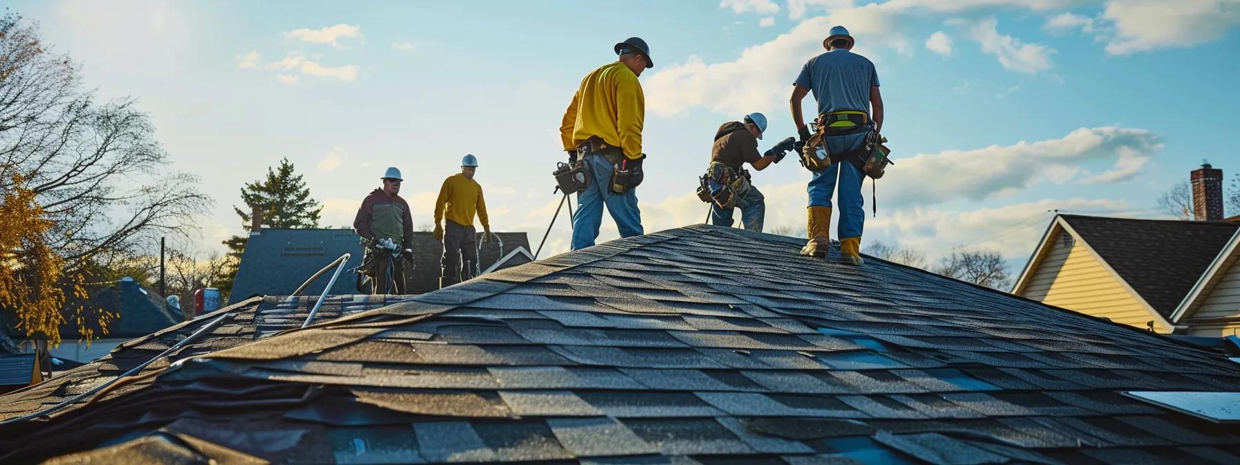 Choosing Between EPDM and Other Roofing Materials a dynamic scene depicts roofing contractors diligently applying asphalt shingles under a clear blue sky in a suburban saint paul neighborhood, showcasing safety equipment and teamwork in action as they assess the best materials for different property needs.