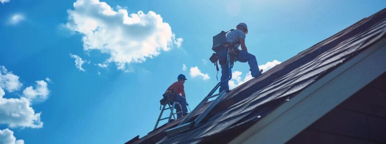 a dynamic scene featuring roofing contractors skillfully installing epdm roofing on a sloped shingle roof in a suburban neighborhood of saint paul, mn, with bright blue skies overhead, ladders, and safety harnesses prominently displayed.