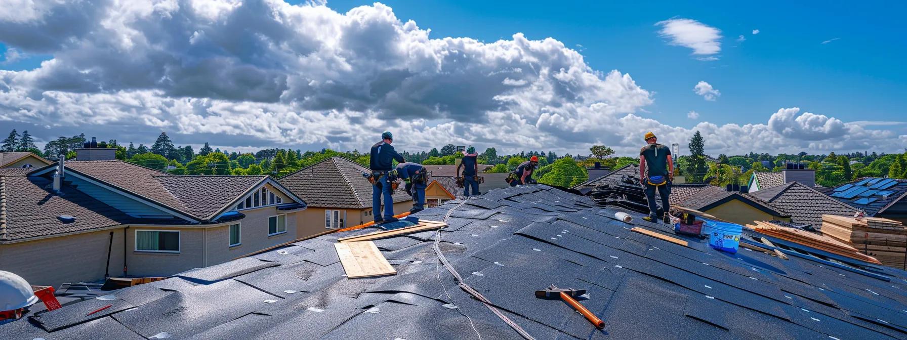 Your Step-by-Step Guide to Installing EPDM Roofing Effectively 1 a dynamic scene of roofing contractors diligently installing epdm roofing materials on a pitched roof, surrounded by tools and equipment in a suburban neighborhood, under a vivid blue sky.