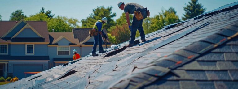 a dynamic scene of roofing contractors meticulously applying epdm roofing materials on a shingle roof in a well-organized suburban neighborhood, showcasing their professional gear against the backdrop of a clear blue sky.