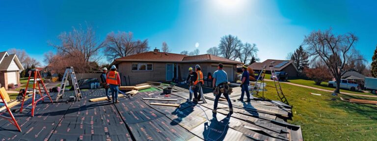 a dynamic scene of roofing contractors diligently preparing an epdm roof overlay on a suburban home in saint paul, mn, surrounded by ladders and safety harnesses, all under a vibrant blue sky.
