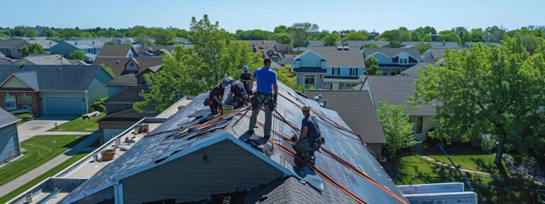 a dynamic scene of roofing contractors meticulously applying a watertight seal on epdm roofs, surrounded by ladders and safety harnesses, set against the backdrop of a suburban neighborhood under clear blue skies in saint paul, mn.