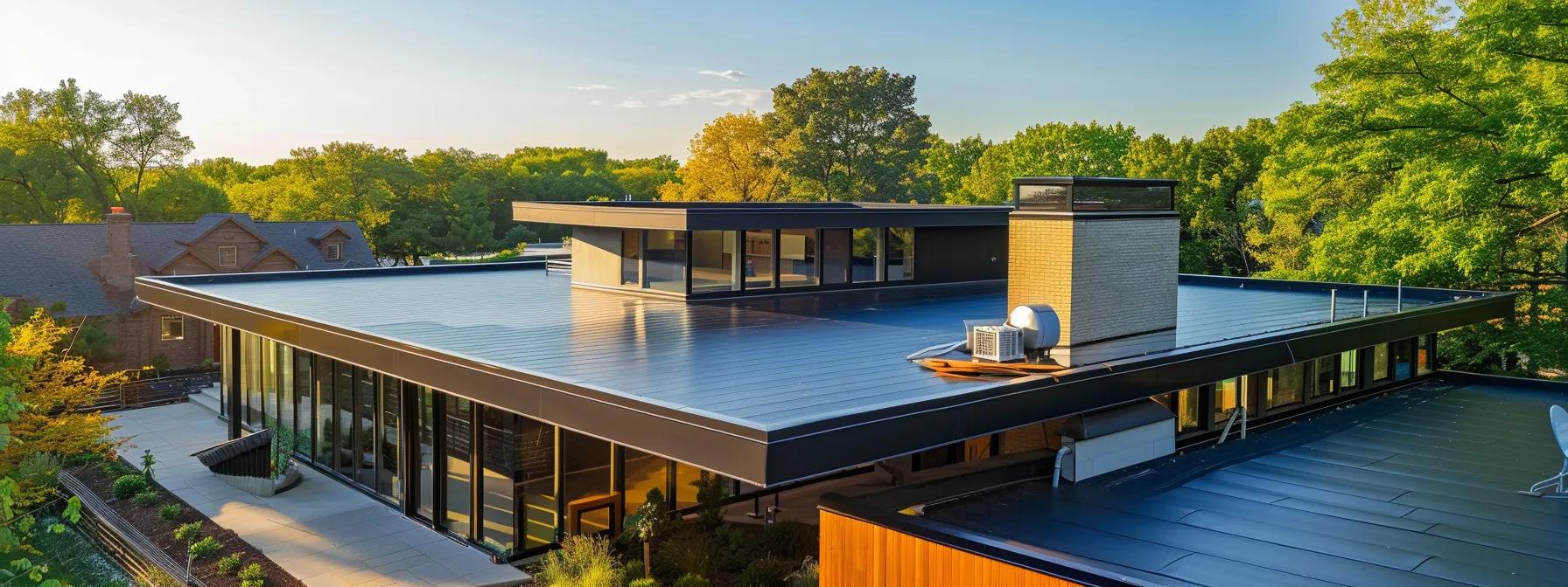 a dynamic scene of roofing contractors skillfully installing epdm roofing on a suburban home in saint paul, mn, showcasing their commitment to environmental sustainability and energy efficiency under a clear blue sky.