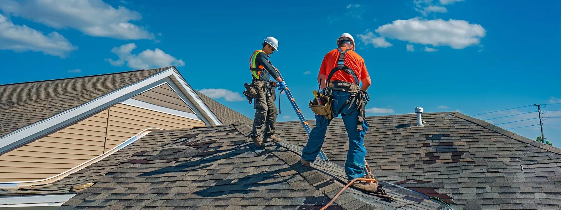 How Roofing Shingles Are Made: From Materials to Finish a dynamic scene of roofing contractors meticulously installing vibrant shingles on a roof in a suburban neighborhood, equipped with ladders and safety harnesses, showcasing a blend of craftsmanship and professionalism under clear blue skies.