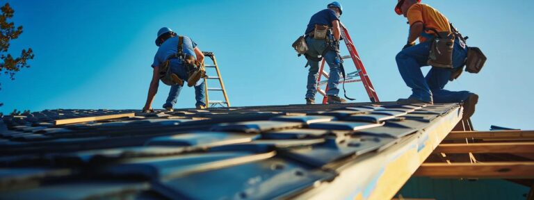 a dynamic scene of skilled roofing contractors methodically installing epdm roofing on a suburban home in saint paul, mn, surrounded by ladders and safety equipment against a vibrant clear blue sky, emphasizing the durability and cost-saving benefits of modern roofing solutions.