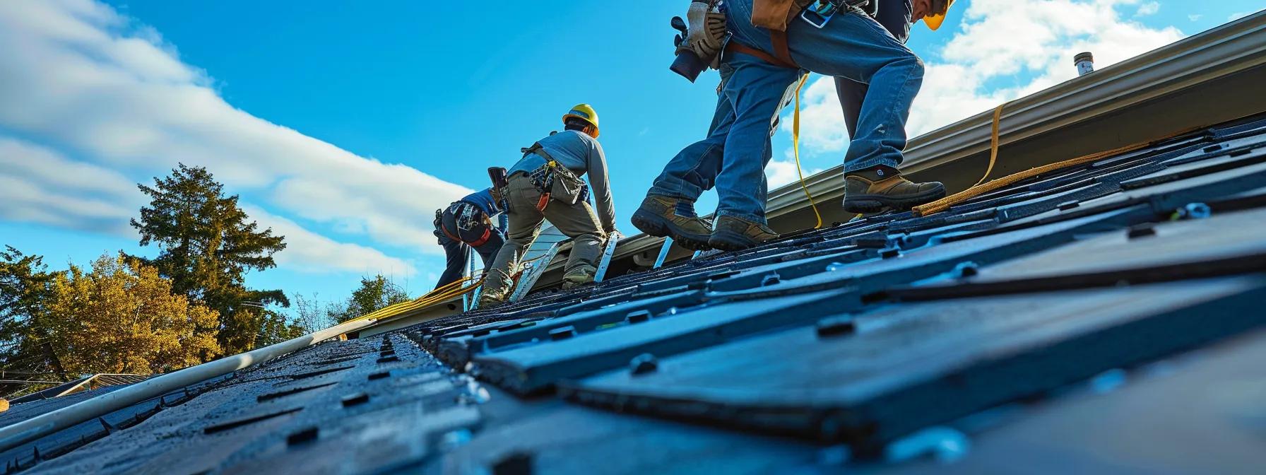 Tips for Installing Layers on EPDM Roofs a group of professional roofing contractors, clad in safety harnesses and helmets, diligently layers epdm roofing material on a sturdy suburban home in saint paul, mn, with ladders leaning against the house and a clear blue sky overhead emphasizing the meticulous adherence to industry best practices and building codes.