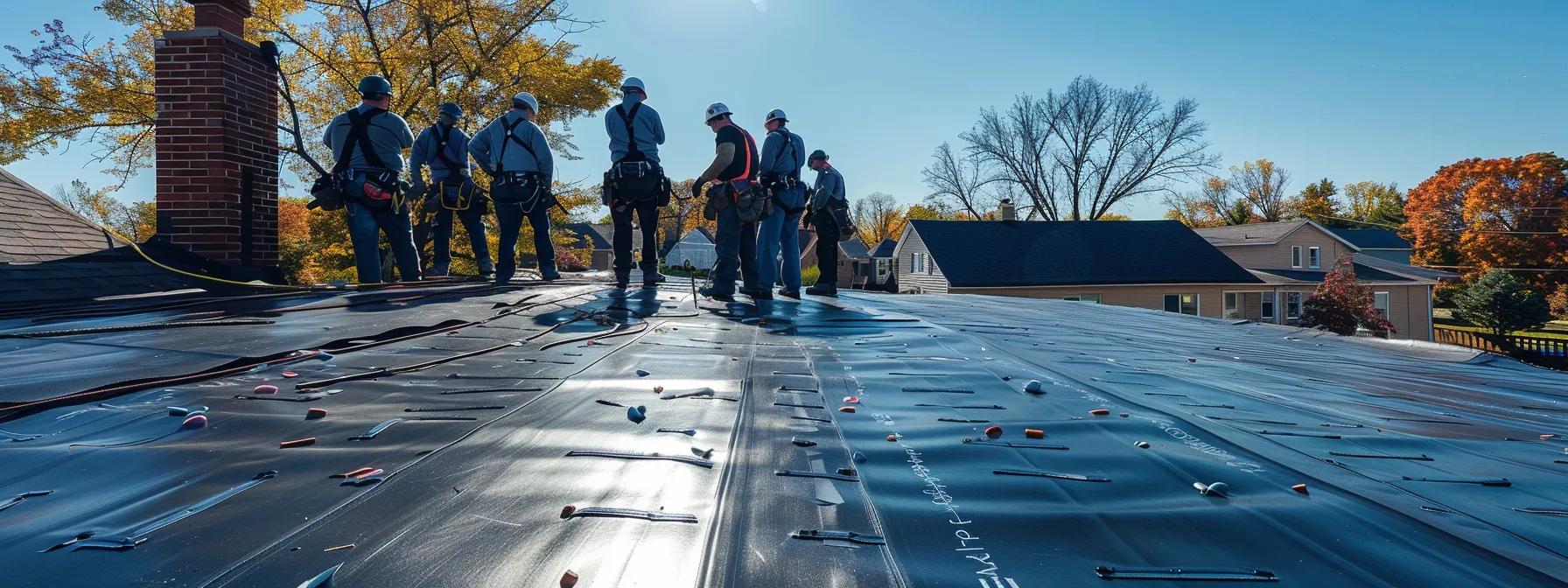 Tips for Installing Layers on EPDM Roofs a group of roofing contractors in safety harnesses expertly assembles an epdm roof atop a suburban home in saint paul, mn, under a crisp blue sky, showcasing the durability and longevity of modern roofing materials.