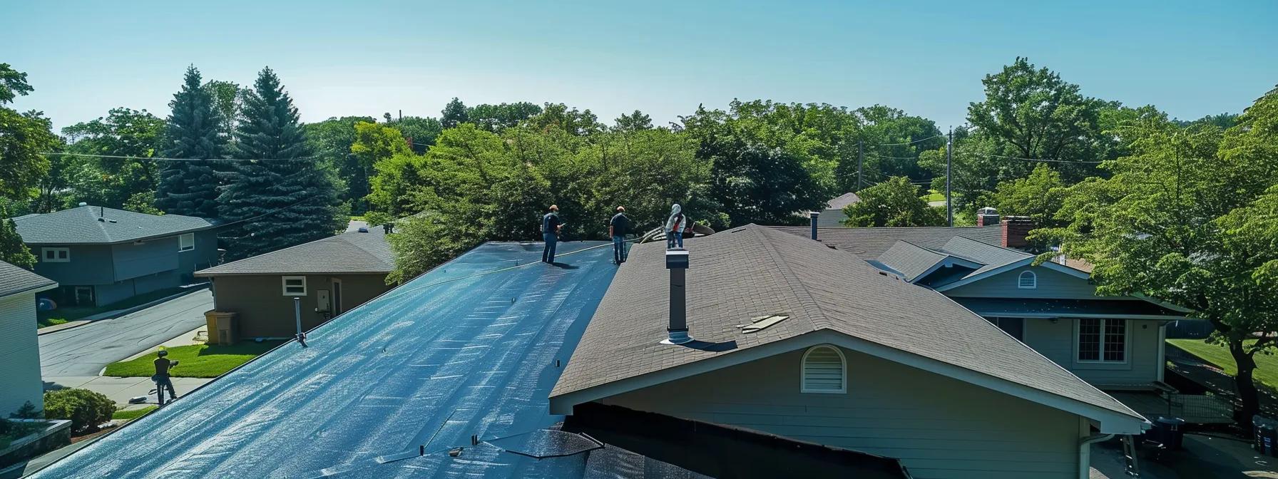 The Value of EPDM Roofing for Economic and Durable Roofing 1 a team of professional roofing contractors meticulously installing epdm roofing on a suburban house in saint paul, mn, showcasing the application of specialized adhesives and seam welding techniques under a clear blue sky.